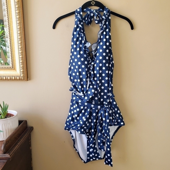 Modcloth The Reese One-Piece Swimsuit Halter Ruffle Polka Dot Navy Blue Size 3X - Picture 3 of 14